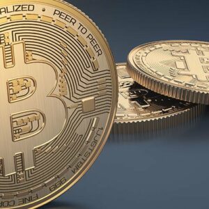 Bitcoin with other bitcoin behind on blue background