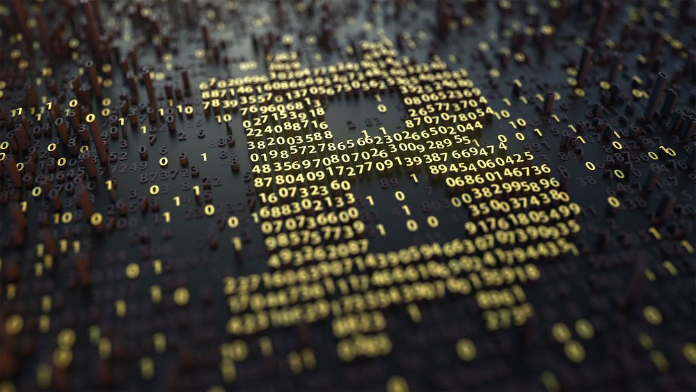 Bitcoin symbol made out of gold numbers on black background