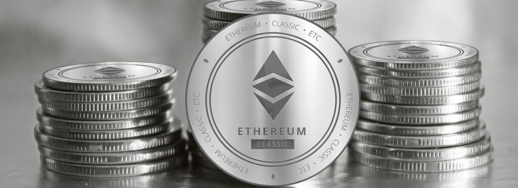 Stack of silver ethereum classic coins 