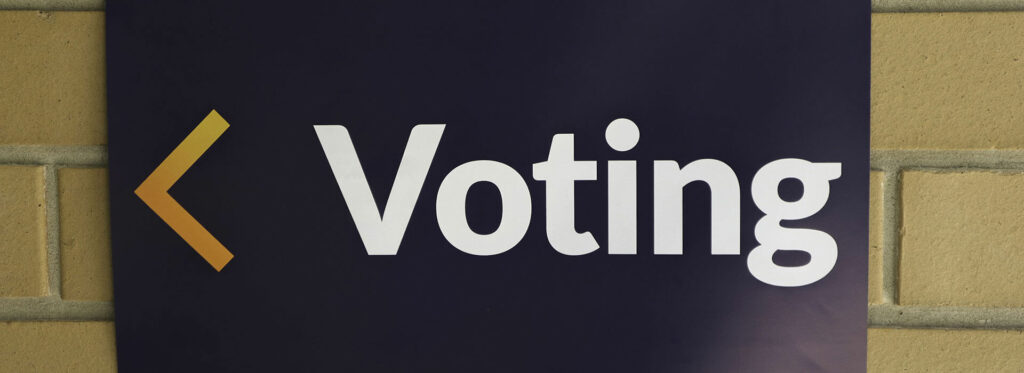 Violet voting sign on brown blocks on wall