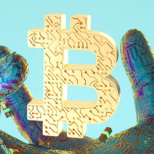 AI hand with floating gold bitcoin icon