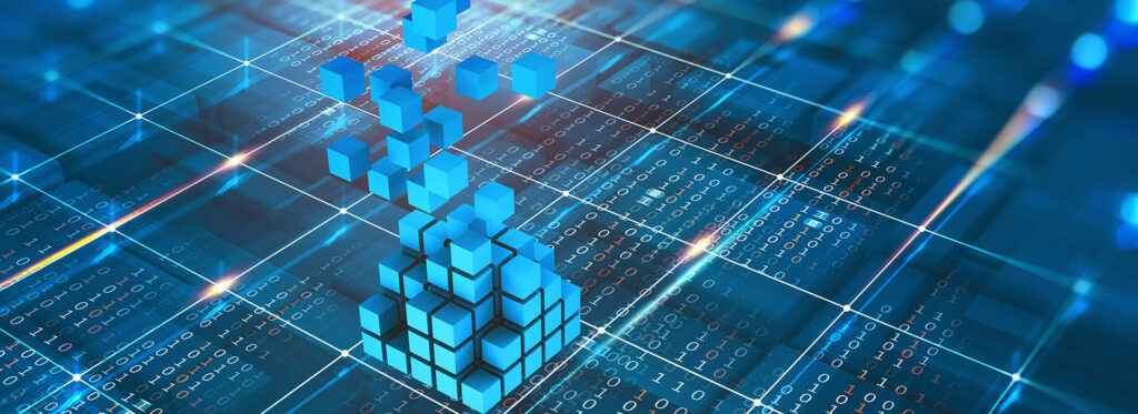 Small blocks falling from above to form single block on blue background