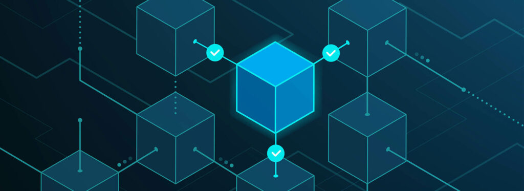 3d concept of verifying blockchain technology with block connected with three other blocks