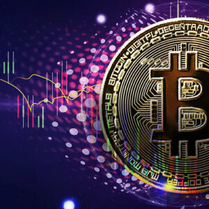 Gold bitcoin with colorful lights outline on dark background
