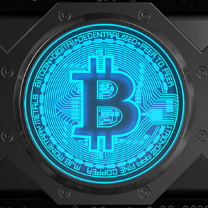 3D bitcoin glowing in blue