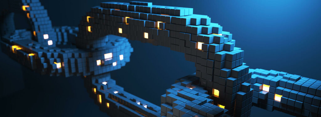 3D rendering of blockchain with blocks shining in yellow