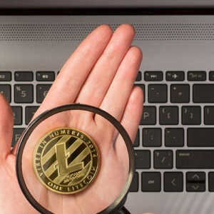 Litecoin on palm of hand inside magnifying lenses