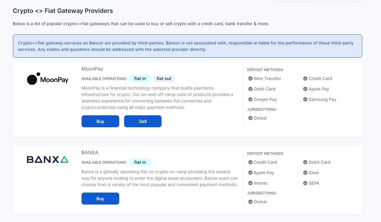 Bancor payment methods